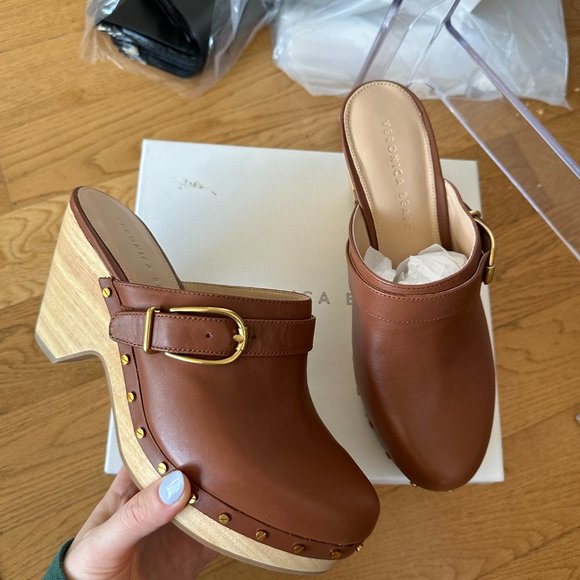 NWT Veronica Beard Hedrix Clog Woodgrain Platform Leather Buckle Sz 9 Hazelwood - Picture 7 of 14